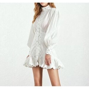 White Cotton Button Front Ruffle Mini Dress‎ Long Sleeve Boho Chic Size S